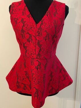 Vibrant Peplum Red Floral Lace Girly Top by 7th Ave Designs Zipper Back 2010 XS